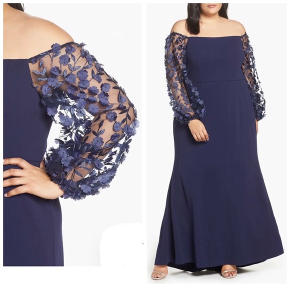 NWOT Eliza J 3 D Floral Sleeve Scuba Crepe Gown Navy Size 18 - Picture 4 of 13